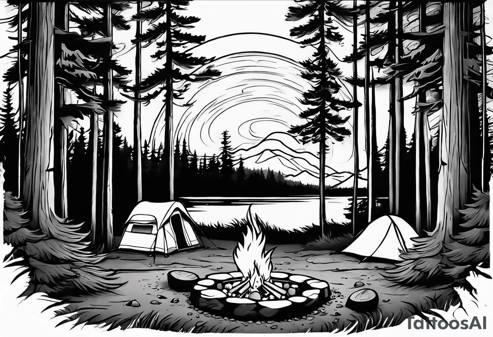 Campground with onr small tent and small fire pit with smoke pillowing out of it. three large pine trees being the focus in the background. tattoo idea