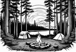 Campground with onr small tent and small fire pit with smoke pillowing out of it. three large pine trees being the focus in the background. tattoo idea