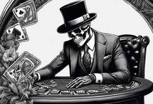 Skeleton in suit, with hat, sitting at the table, holding poker tokens, lots of cash tattoo idea tattoo idea