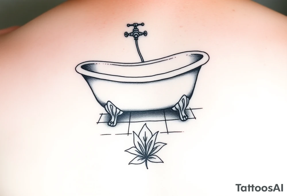 clawfoot bathtub with simple faucet and lily coming up out of the tile floor tattoo idea
