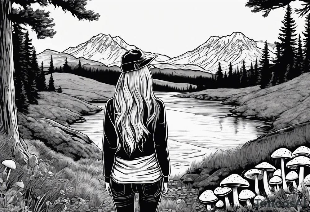 Whole picture encircled fully

Straight long blonde hair hippie girl in distance holding mushrooms in hand facing away toward mountains and creek surrounded by mushrooms long sleeve shirt and hiking pants; whole rendering within a full circle, no cut off circle tattoo idea