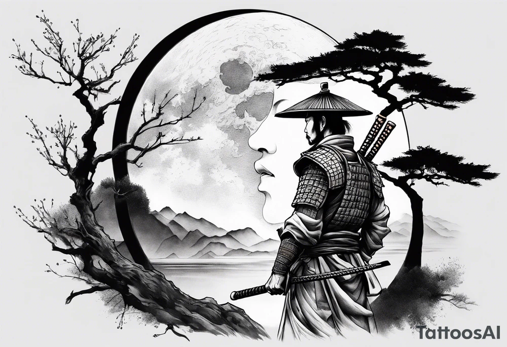 samurai with quarter moon and dead tree in the background tattoo idea