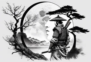 samurai with quarter moon and dead tree in the background tattoo idea