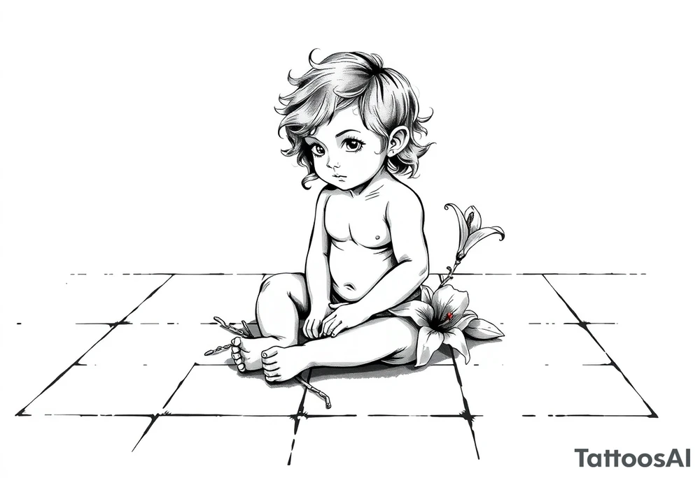 A simple tile floor with a minimalist curler child sitting on the floor with a lily next to her tattoo idea