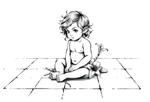 A simple tile floor with a minimalist curler child sitting on the floor with a lily next to her tattoo idea