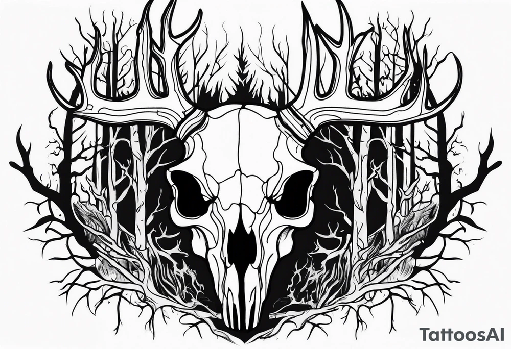 Scary side profile of a DECAYING deer skull JUST BONE surrounded by a flames and trees in background tattoo idea