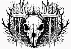 Scary side profile of a DECAYING deer skull JUST BONE surrounded by a flames and trees in background tattoo idea