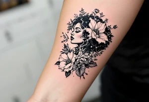 Broken black woman pieced back together surrounded by flowers tattoo idea