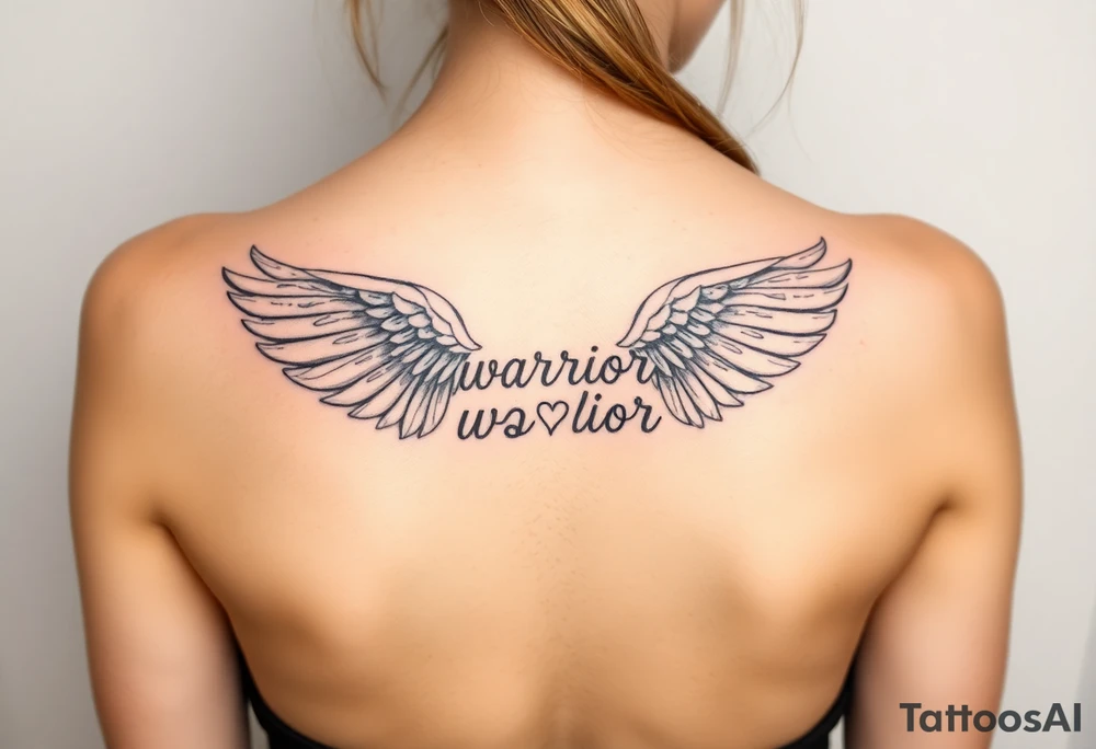 beautiful single angel wing with word "Warrior" tattoo idea
