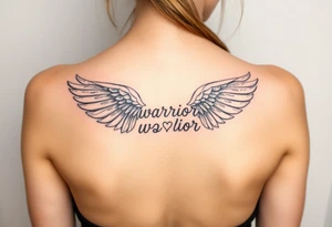 beautiful single angel wing with word "Warrior" tattoo idea