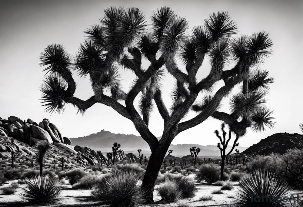 Single Joshua tree and bushes tattoo idea