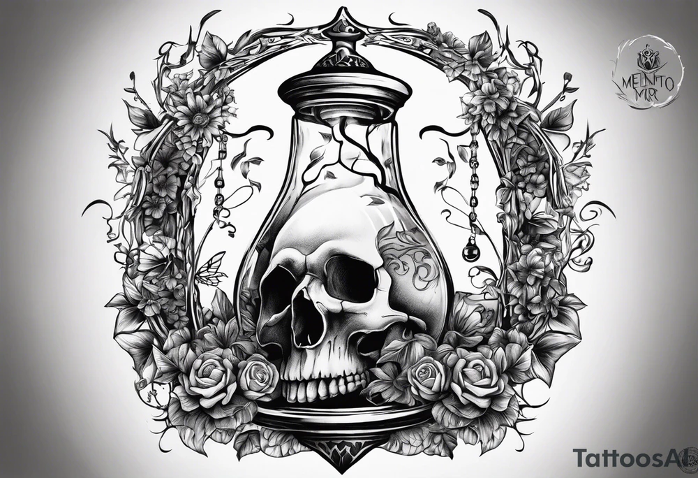 Hourglass with vines and flowers in the top bulb that are trickling like sand into the lower bulb containing a skull semi-submerged in the sand. The words “Memento Mori” are written on the hourglass tattoo idea