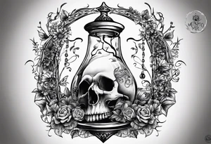 Hourglass with vines and flowers in the top bulb that are trickling like sand into the lower bulb containing a skull semi-submerged in the sand. The words “Memento Mori” are written on the hourglass tattoo idea