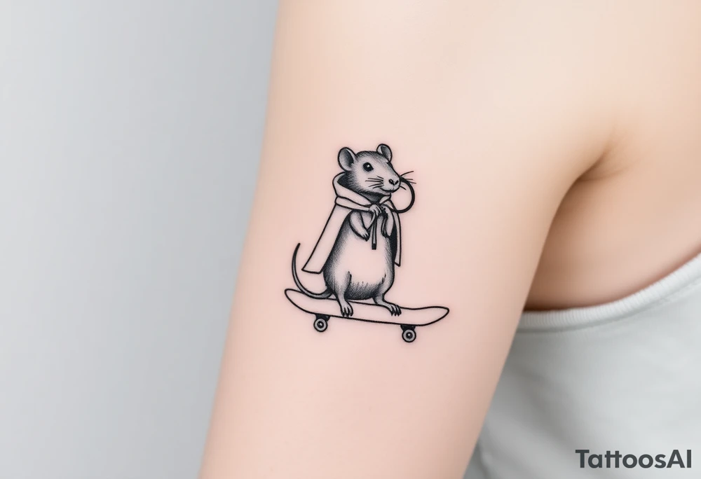 Old rat with a cloak and monocle leaning on a skateboard tattoo idea
