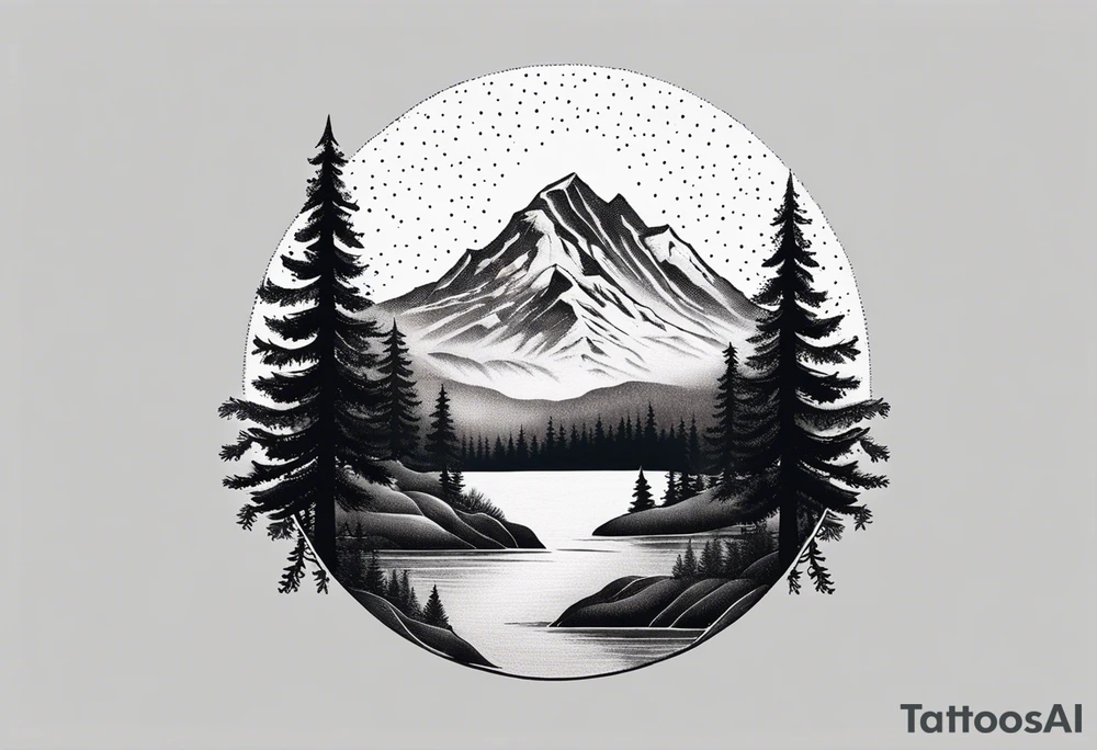 A snow capped mountain with pine trees and a river tattoo idea