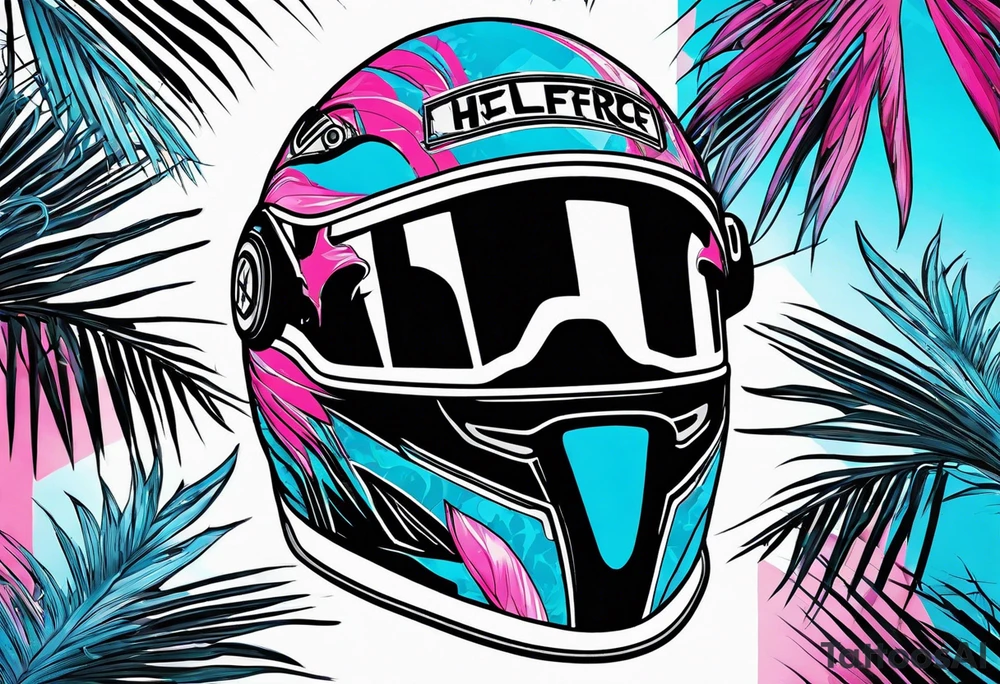 formula 1 helment with a palm tree and black light blue and pink colors tattoo idea