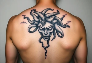 detailed female Medusa Head containing snakes and surrounded by lightnings black color and on the outer forearm tattoo idea