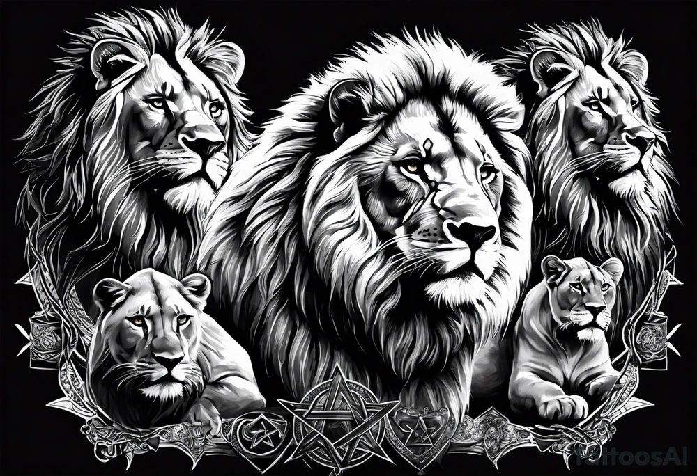 One roaring lion, next to it a roaring lioness, below them 3 roaring lion cubs and around a Star of David tattoo idea