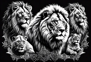 One roaring lion, next to it a roaring lioness, below them 3 roaring lion cubs and around a Star of David tattoo idea
