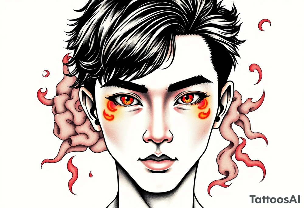 Handsome Asian young guy with burning eyes tattoo idea