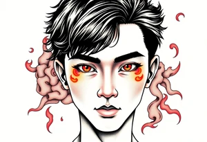 Handsome Asian young guy with burning eyes tattoo idea