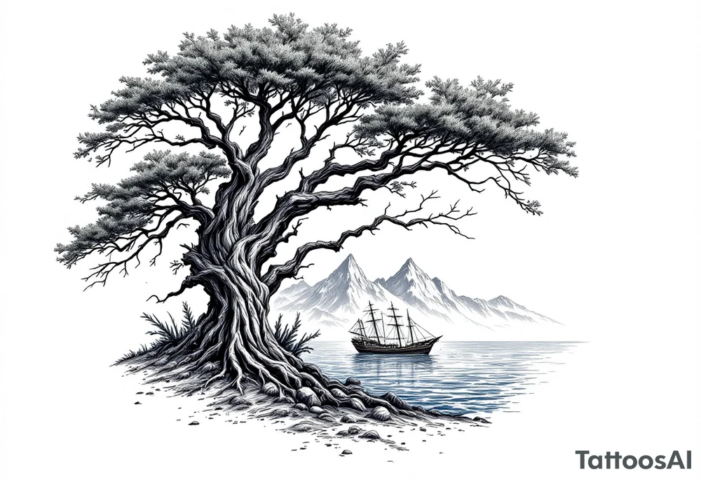 acacia tree with mountains and the ocean and a ship wreck tattoo idea