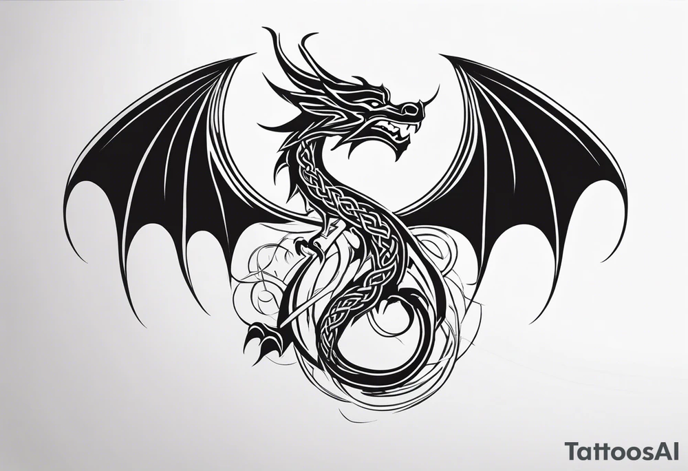 Celtic dragon tattoo with head on chest and tail that wraps over trapezius onto back tattoo idea