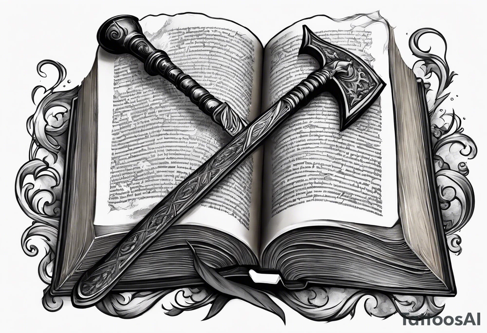An opened bible with a battle Axe tattoo idea