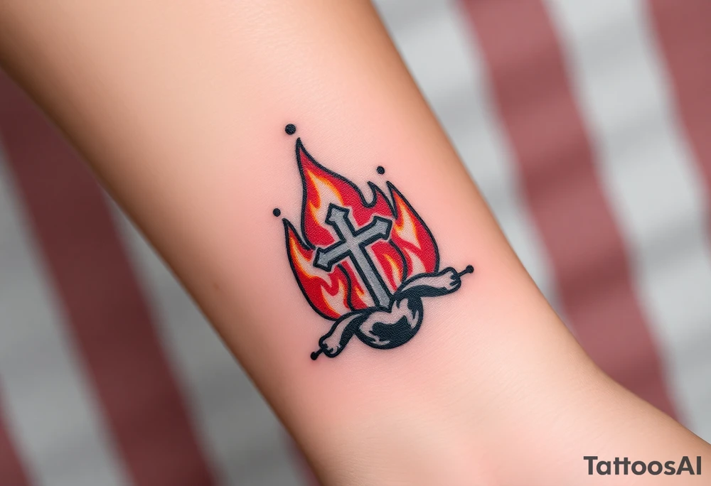 Campfire with a cross hidden in the flames tattoo idea