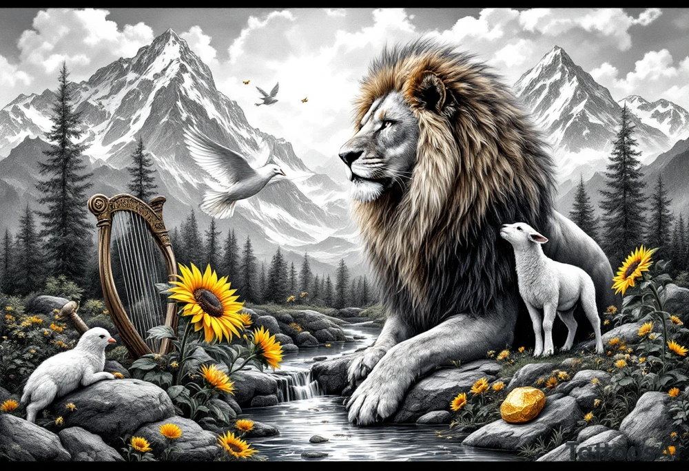 In beautiful  mountain scene with streams and lakes a majestic lion interacts and protects a dove, a lamb,  a sunflower, a harp, a golden nugget, an ancient hammer, a crown, and honeybees.  Everything works together synergistically and gives an uplifting hopeful vibe tattoo idea