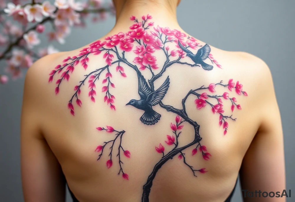 A big pink, weeping tree on the entire back, there are 2 doves. 1 is a flying into the sky. The second one is hovering above the ground that’s turning black like she stained with grief. Goth romance 
These are the dates I want dainty in the heavily overflow of weeping cherry blossom branches and leaves March 31, 2024 – July 2, 2024 tattoo idea