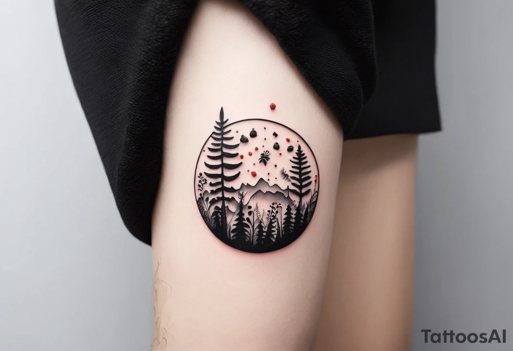 minimalistic forest floor inspired tattoo, which includes grass, curly ferns and dead leaves as the bulk of the tattoo. details to include: three  tiny strawberries, couple of very small mushrooms, a tiny bumblebee flying nearby tattoo idea