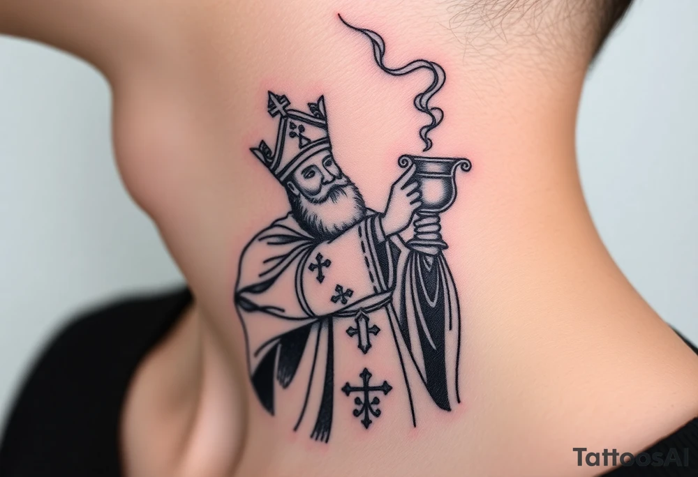 Russian Orthodox Priest in a fully detailed gold vestment swinging a censer with smoke curling upward tattoo idea