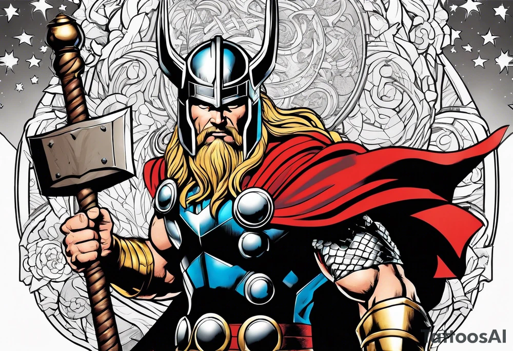 The Mighty Thor from comics in the 1980's with a vignette in the background tattoo idea