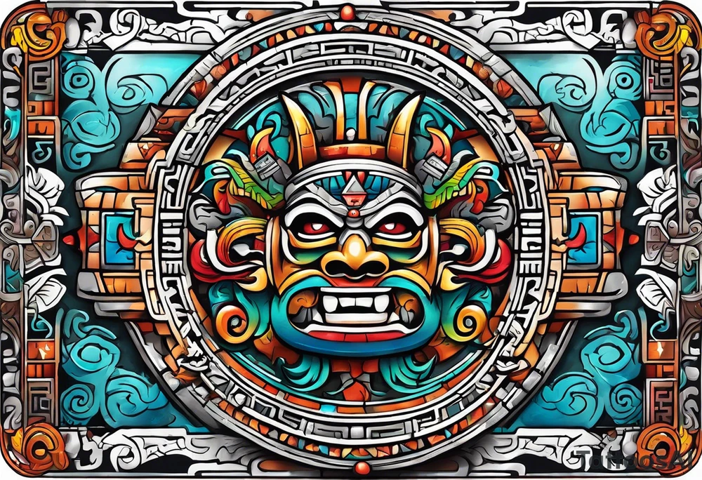 Colorful Mayan hieroglyph with bats and water tattoo idea