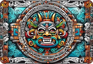 Colorful Mayan hieroglyph with bats and water tattoo idea