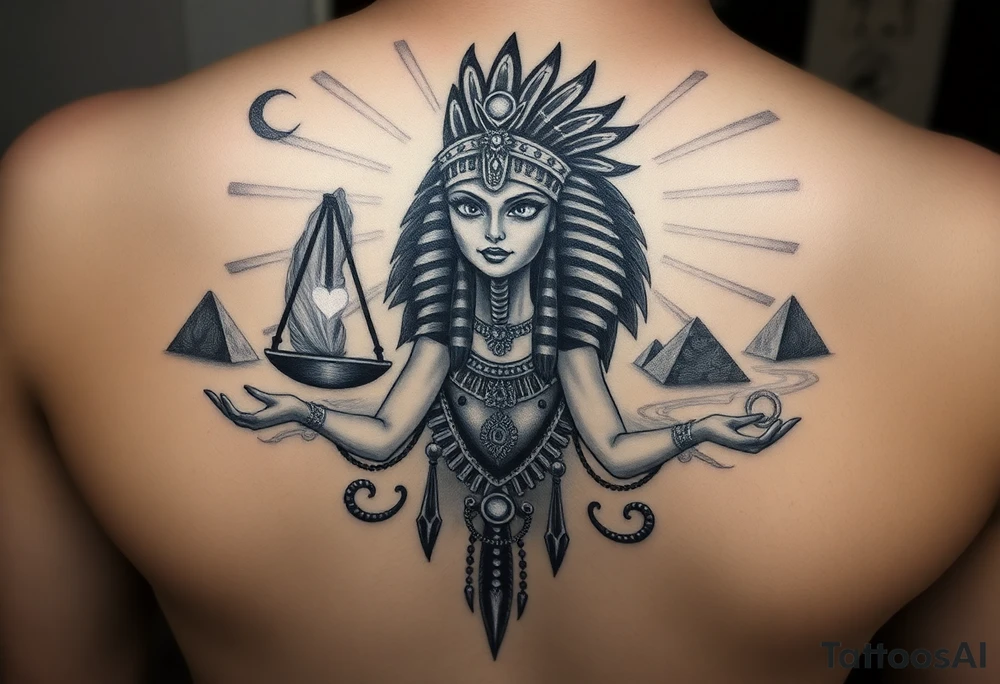 “Super realistic black and grey tattoo of the Egyptian goddess Ma’at, depicted as a regal woman with an ostrich feather headdress, intense glowing eyes, and intricate ancient Egyptian jewelry. She stands or floats amidst swirling cosmic energy and beams of light, with subtle hieroglyphics and pyramids in the background. Incorporate the Scales of Justice—one side holding a heart, the other Ma’at’s feather—glowing with ethereal energy. Emphasize dramatic lighting, deep shadows, and surreal, mystical atmosphere to match a sleeve with Anubis and cosmic motifs. Design should flow with existing sleeve art, using soft transitions and layered textures. tattoo idea