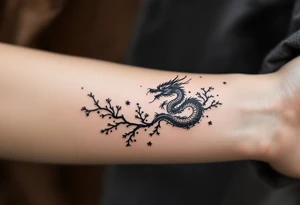 detailed dragon japanese style sakura trees abstract lines dark/rough aesthetic tattoo idea