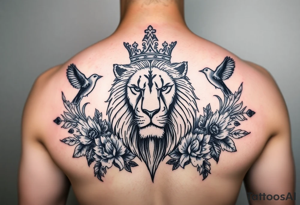 powerful majestic lion with a crown, surrounded by floral ornaments and birds tattoo idea