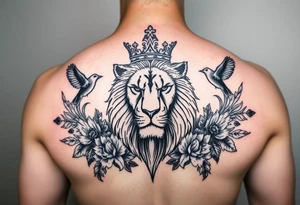 powerful majestic lion with a crown, surrounded by floral ornaments and birds tattoo idea
