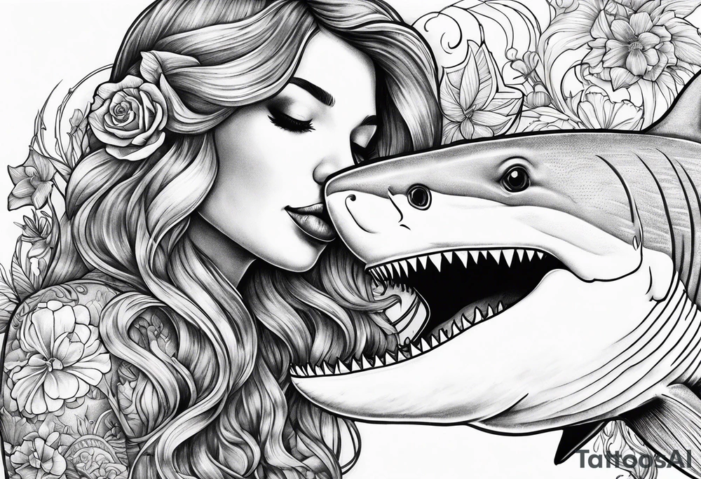 Mermaid kissing a shark tattoo idea