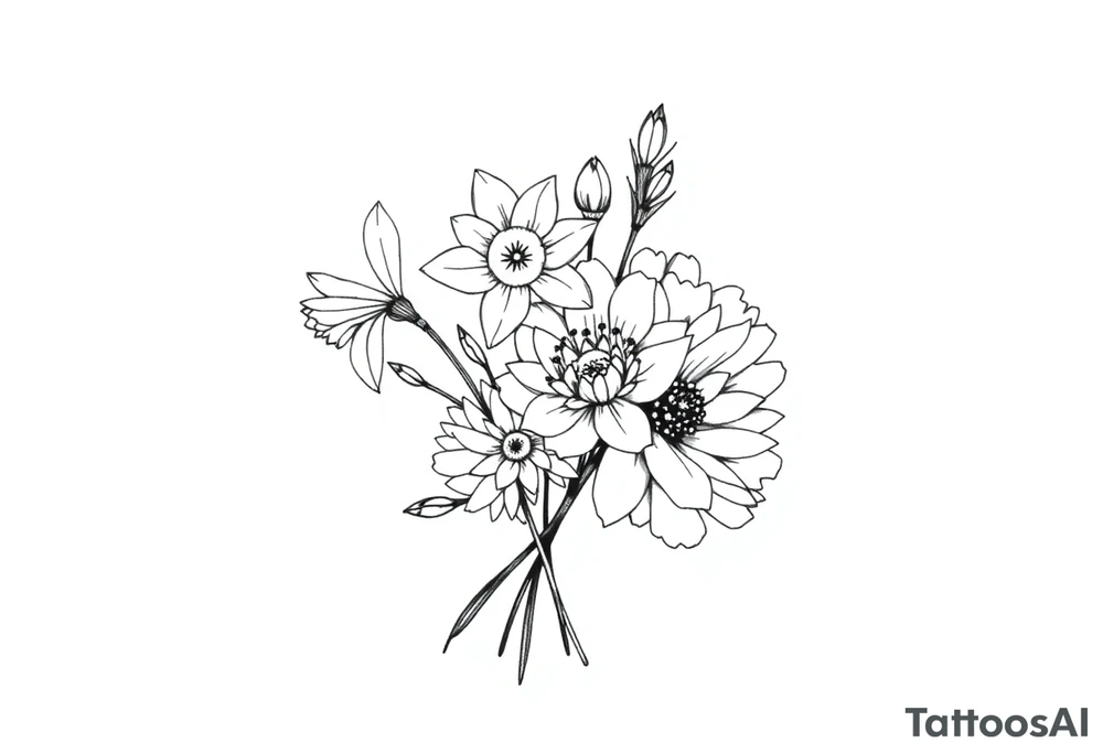 small daffodils, jonquils, chrysanthemum and peony in a bouquet tattoo idea