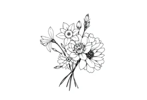 small daffodils, jonquils, chrysanthemum and peony in a bouquet tattoo idea