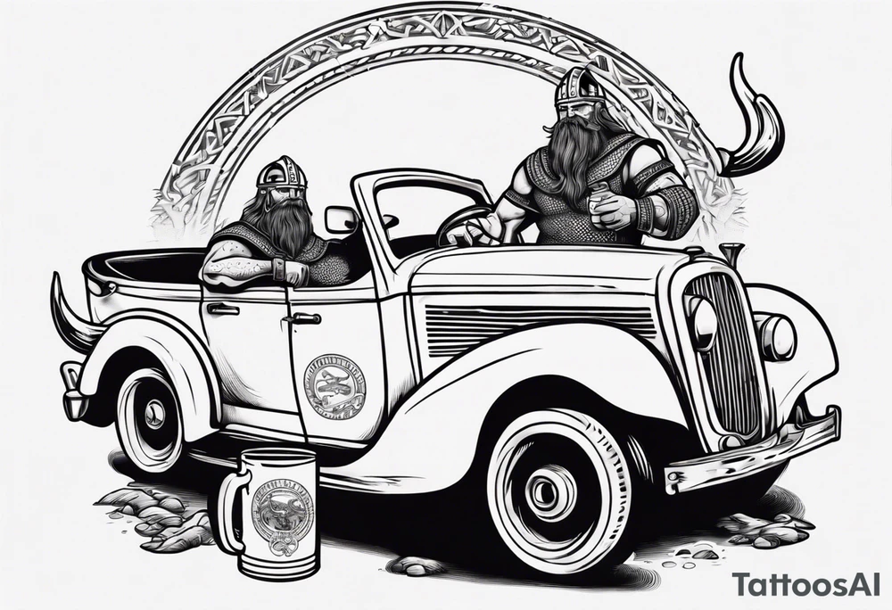 A Viking driving a vintage car drinking a beer tattoo idea