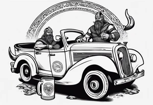 A Viking driving a vintage car drinking a beer tattoo idea