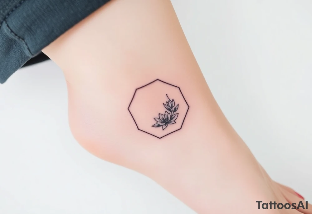 Faint Hexagon with astrological sign for Leo, larkspur and water lilies in the center tattoo idea