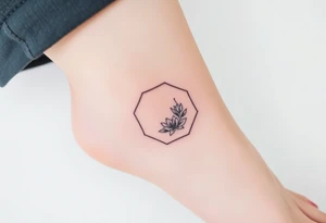 Faint Hexagon with astrological sign for Leo, larkspur and water lilies in the center tattoo idea