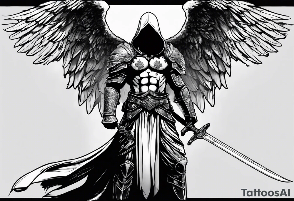 Micheal the arc angel standing holding a sword in front of his self wearing a cloak laying in a way you can see his battle torn armor and visibly beaten wings with a hood that just covers his eyes tattoo idea