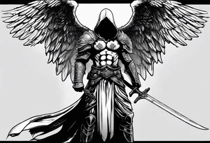 Micheal the arc angel standing holding a sword in front of his self wearing a cloak laying in a way you can see his battle torn armor and visibly beaten wings with a hood that just covers his eyes tattoo idea