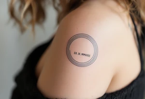 Modern IX.IX.MMXIII in black ink circling the forearm, with shadowed concentric rings in muted silver. tattoo idea